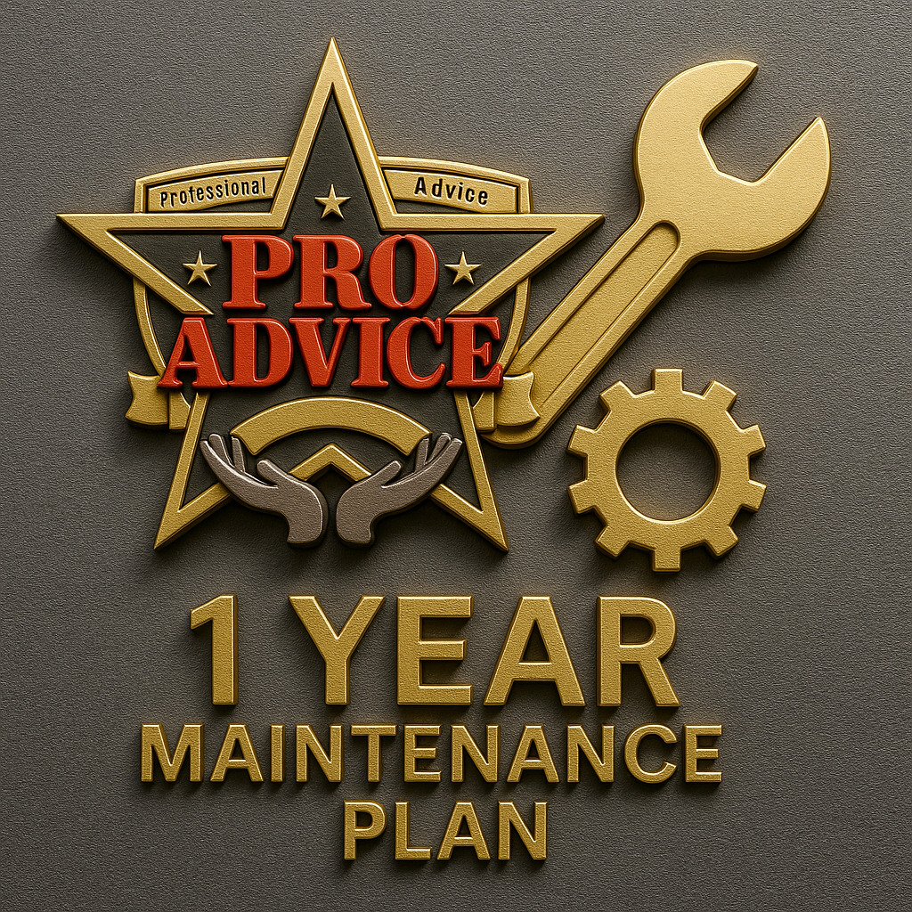 3D-embossed “1 Year Maintenance Plan” emblem with Professional Advice LLC logo, gold wrench, and gear on a textured dark background.