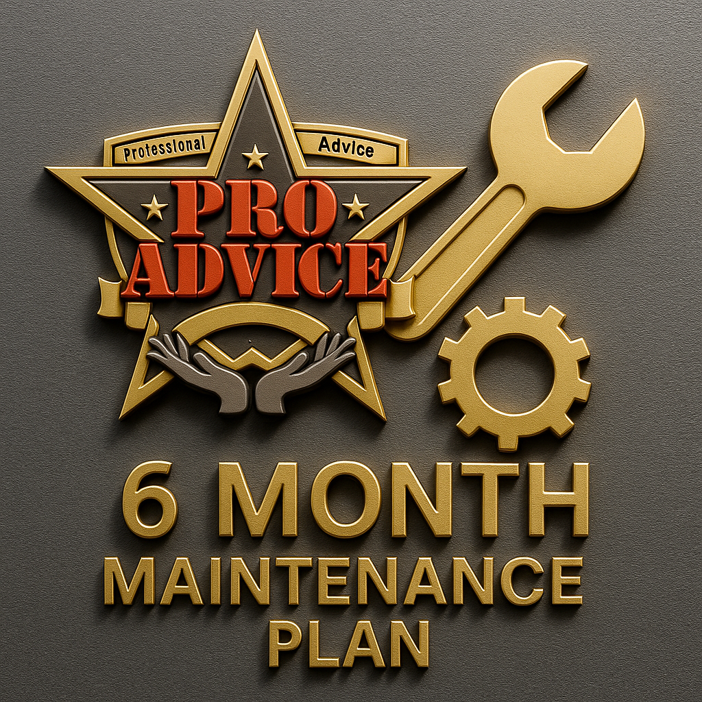 3D Professional Advice LLC logo with gold wrench and gear, featuring “6 Month Maintenance Plan” on a realistic, textured gray background.