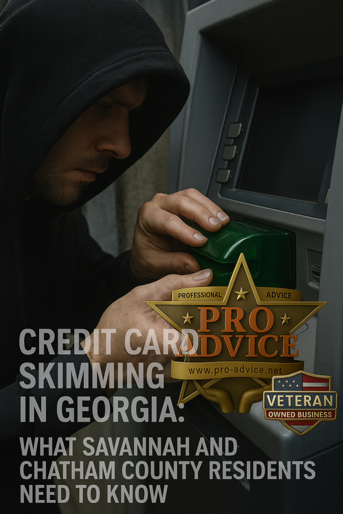 Hooded man installing a green ATM skimmer, with the Professional Advice LLC veteran‑owned logo and semi transparent warning text.