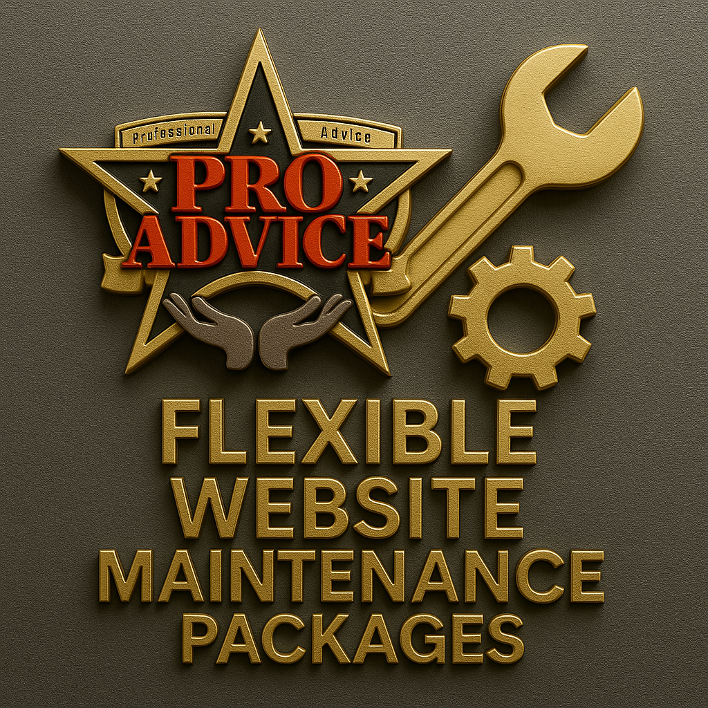 3D-embossed “Flexible Website Maintenance Packages” badge with Professional Advice LLC logo, gold wrench and gear, on a textured charcoal background.