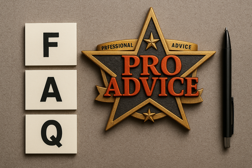 Photo of FAQ cards beside the Professional Advice LLC logo on a textured background with a sleek black pen