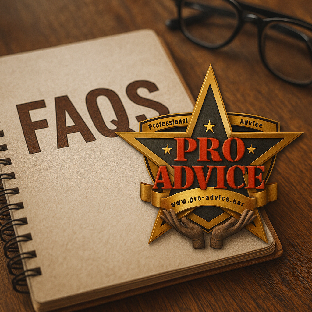 Photo-realistic FAQs display with Professional Advice LLC logo, representing trusted small business support in Savannah, GA