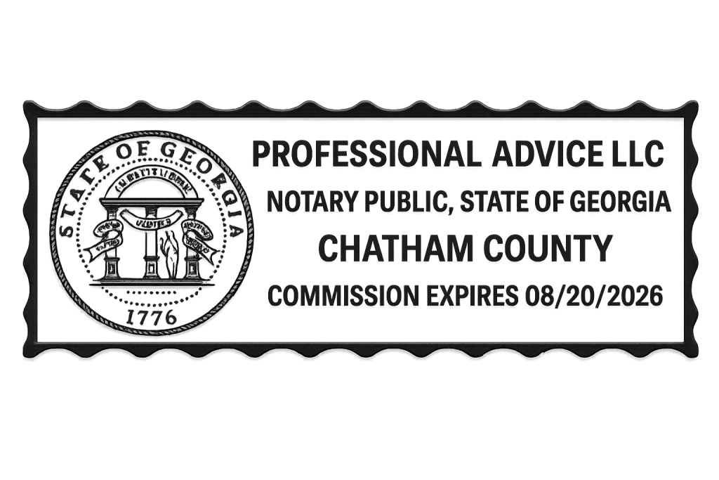 Black rectangular notary seal for Professional Advice LLC in Chatham County, Georgia.