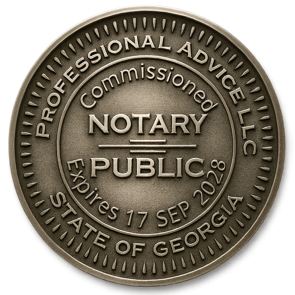 Gold-embossed round notary stamp for Professional Advice LLC, State of Georgia, expiring September 17, 2028.