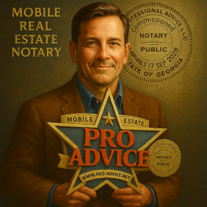 Male notary representing Professional Advice LLC with notary badge, logo, and notarial seals.