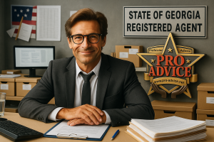A professional Georgia Registered Agent in a modern office, smiling confidently behind a desk with legal documents, surrounded by boxes and a metallic Pro Advice LLC seal on the wall.