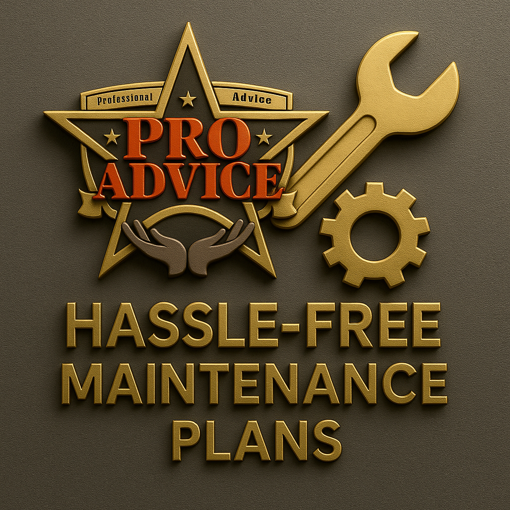 3D-embossed “Hassle-Free Maintenance Plans” badge with Professional Advice LLC logo, gold wrench and gear, on a textured charcoal background.