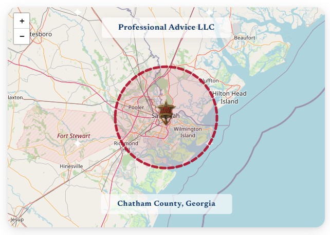 Map of Chatham County, GA with Professional Advice LLC logo as a GPS pin in the center and county outlined in red