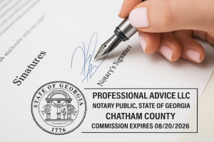 Hand signing legal document with visible Georgia notary rectangular stamp from Professional Advice LLC.