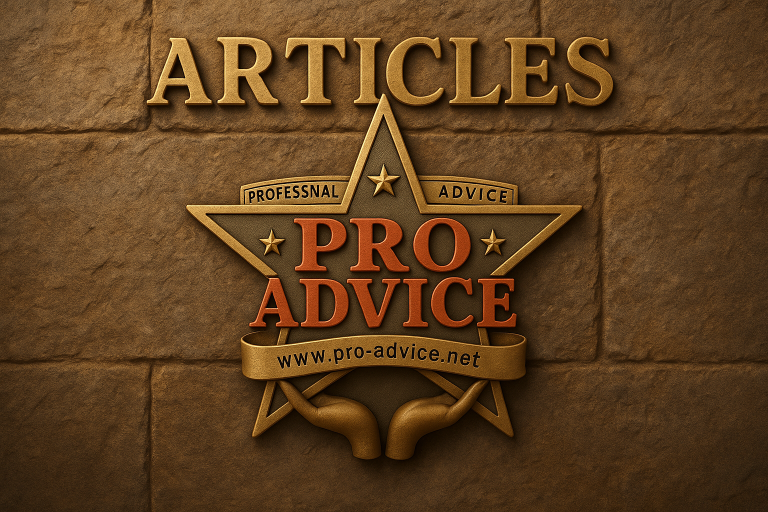 Wide 3D banner with Pro Advice LLC logo and “Articles” heading on textured stone background