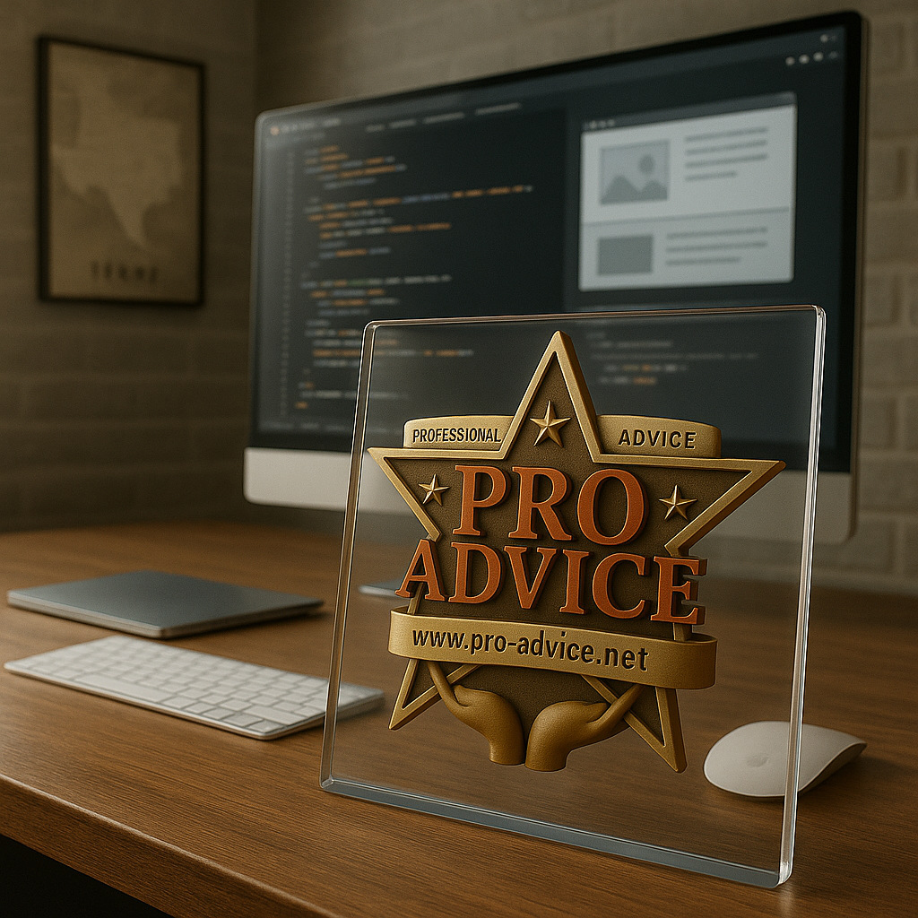 Pro Advice LLC logo displayed on a glass plaque in a modern web developer workspace
