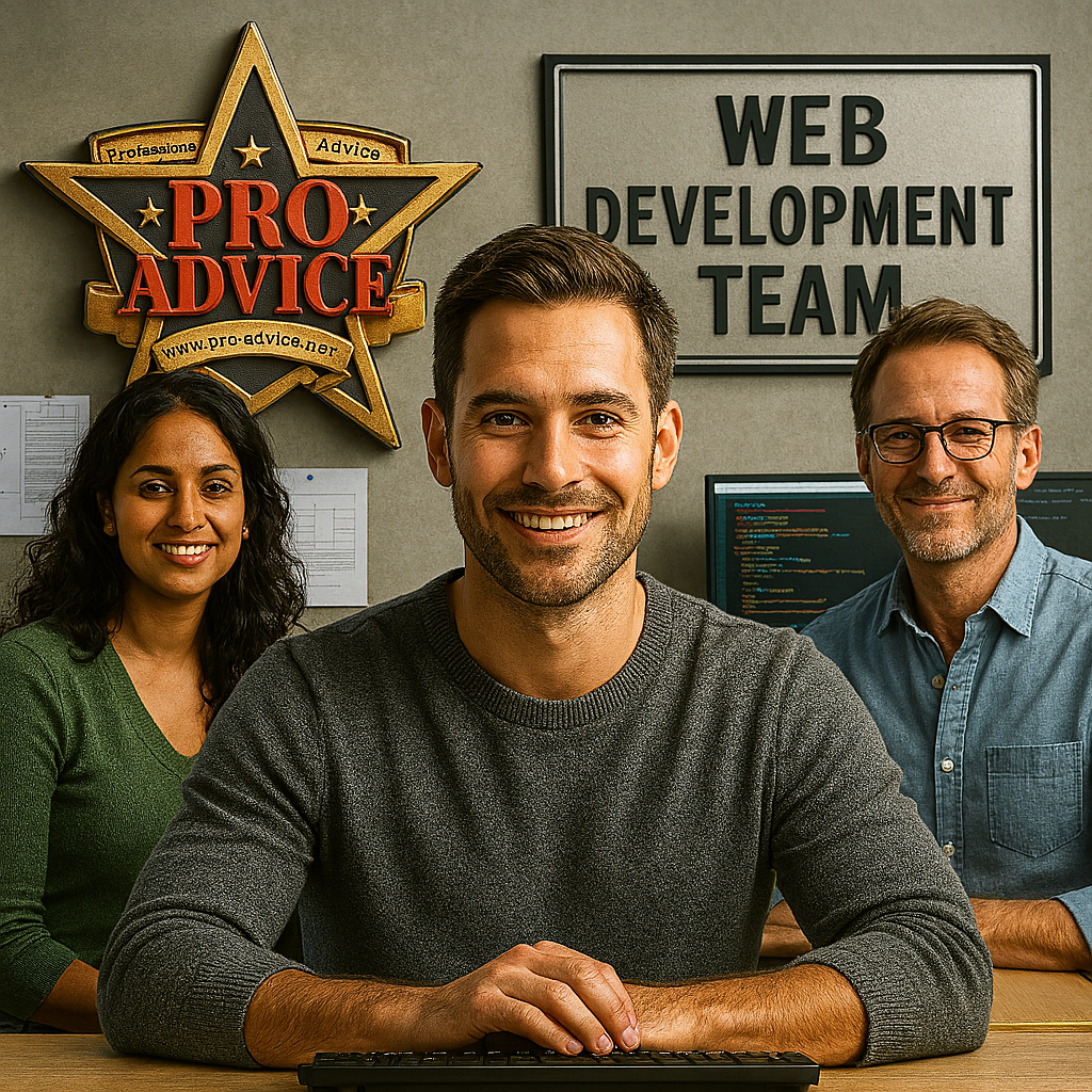 Three smiling members of the Pro Advice web development team sit in a modern office with a realistic metallic Pro Advice logo and “Web Development Team” sign on the wall behind them.
