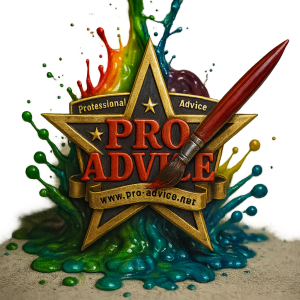 3D Pro Advice graphic design logo with star emblem, paintbrush, and colorful paint splashes on a transparent background.