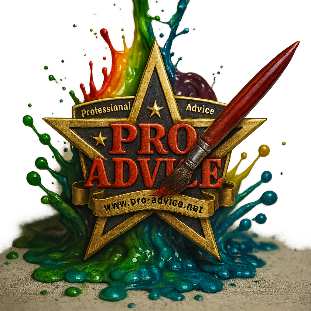 3D Pro Advice graphic design logo with star emblem, paintbrush, and colorful paint splashes on a transparent background.