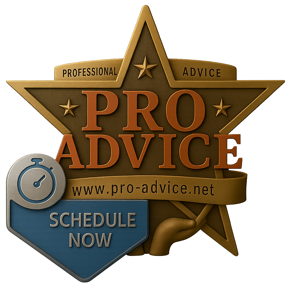 Professional Advice LLC logo with engraved Schedule Now button for booking appointments