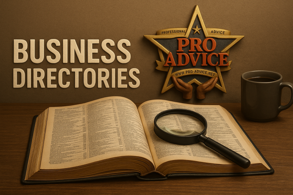 Photo-realistic image of an open business directory book with a magnifying glass, coffee cup, and the Professional Advice LLC logo