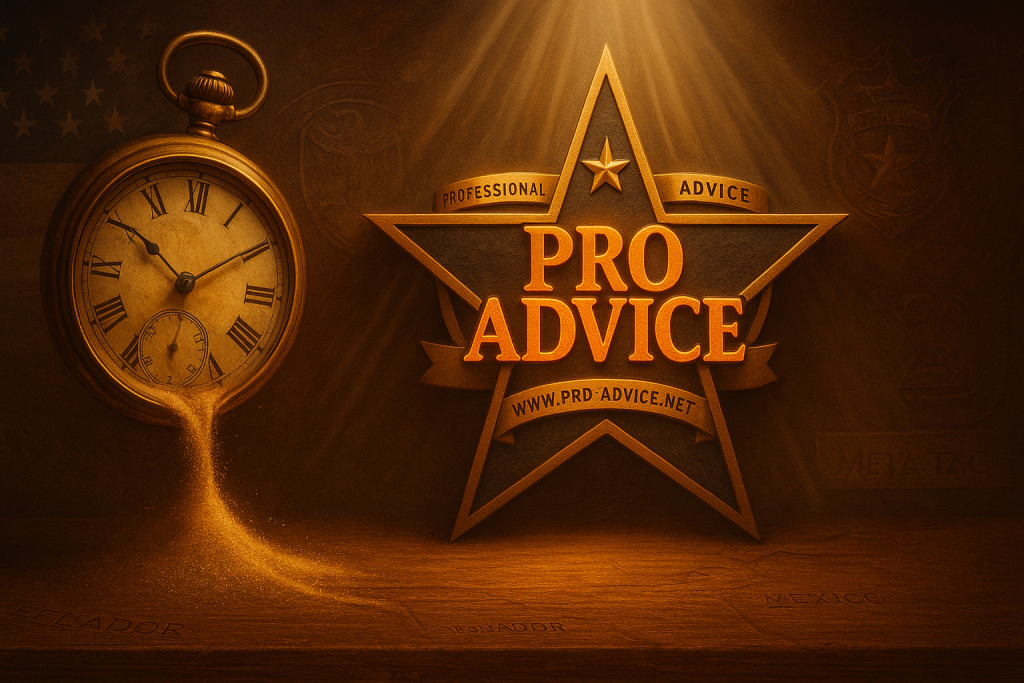 Antique pocket watch pouring sand beside glowing Pro Advice LLC star logo, symbolizing business growth and time passage
