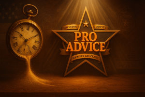 Antique pocket watch pouring sand beside glowing Pro Advice LLC star logo, symbolizing business growth and time passage