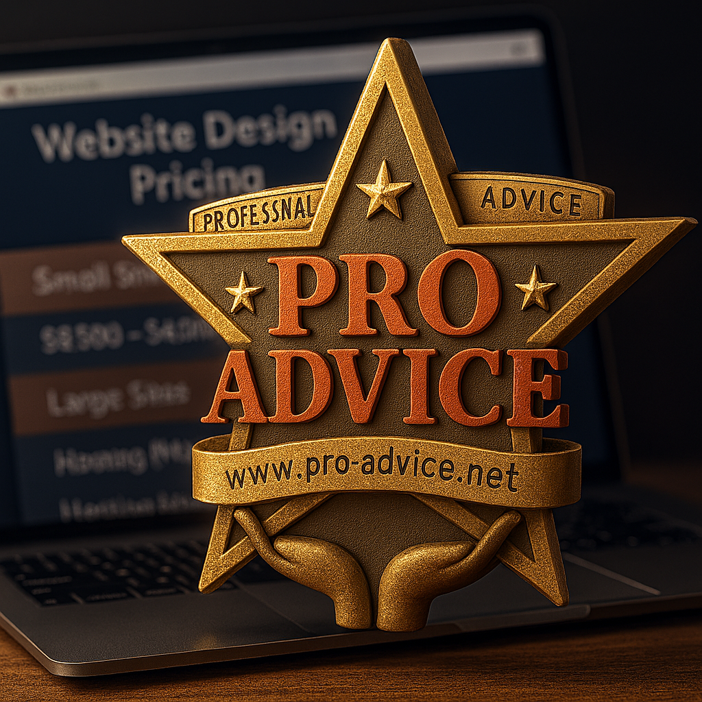 3D logo of Professional Advice LLC displayed in front of a website design pricing screen on a laptop.