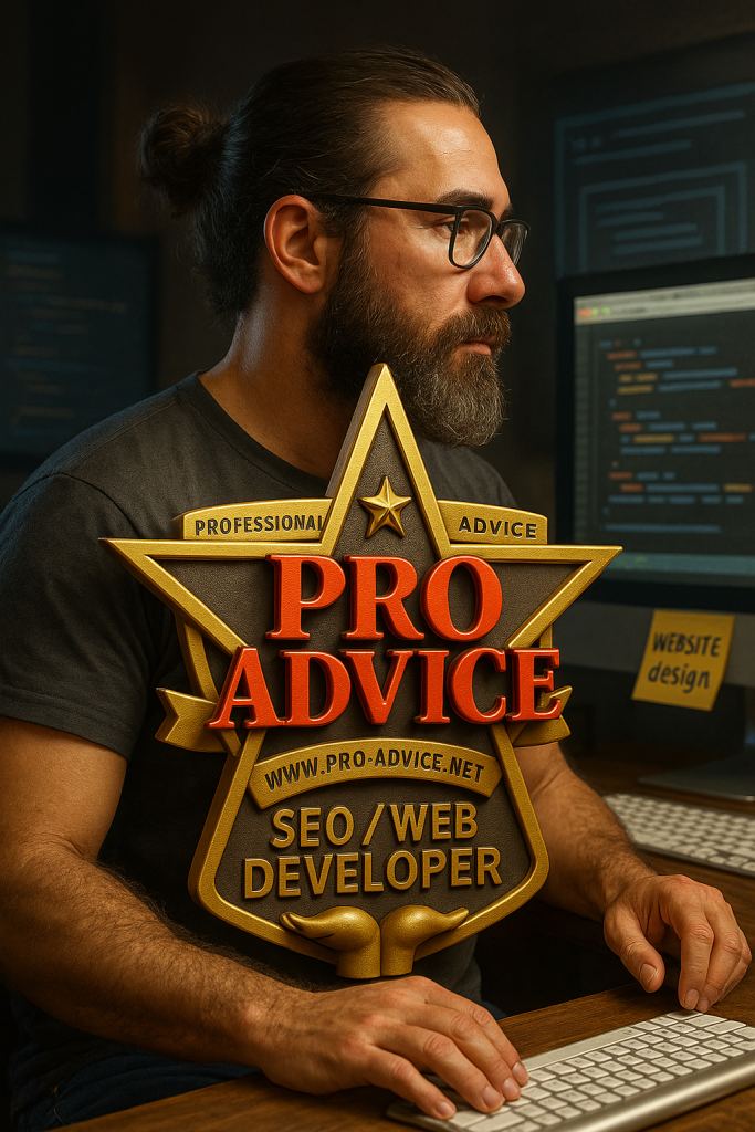 Web developer at desk with PRO ADVICE logo and SEO/Web Developer title