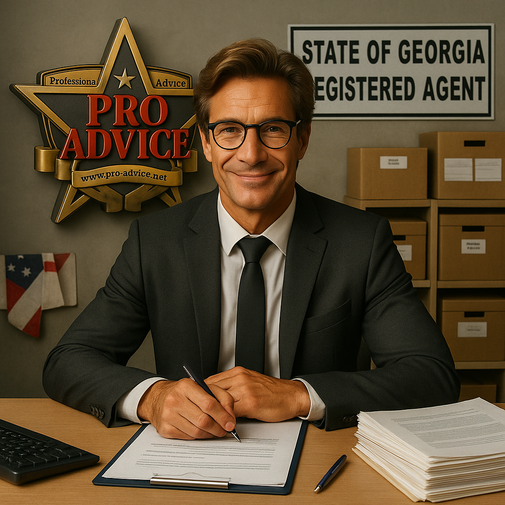 A welcoming Georgia Registered Agent in a suit at his office desk with the Pro Advice logo and Georgia registration sign on the wall behind him.