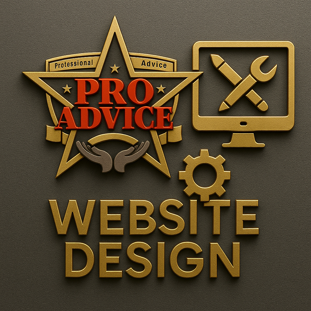 3D-embossed “Website Design” badge with Professional Advice LLC logo, gold monitor, paintbrush, pencil, and gear on a textured dark background.