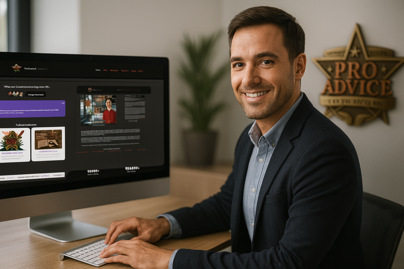 Web designer creating the Professional Advice LLC website on a desktop monitor in a modern office with the company seal on the wall.
