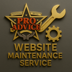 3D-embossed “Website Maintenance Service” badge with Professional Advice LLC logo, gold wrench and gear, on a textured charcoal background.