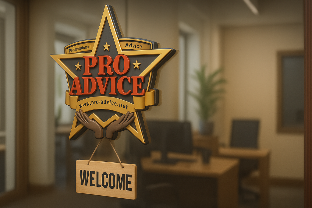 Professional Advice LLC logo on glass office door with welcome sign and modern interior view