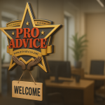 Professional Advice LLC logo on glass office door with welcome sign and modern interior view