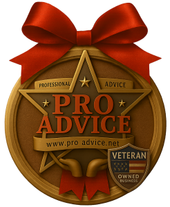 Bronze 3D award medallion with red ribbon, featuring the PRO ADVICE logo, Professional Advice banner, and Veteran Owned Business badge.