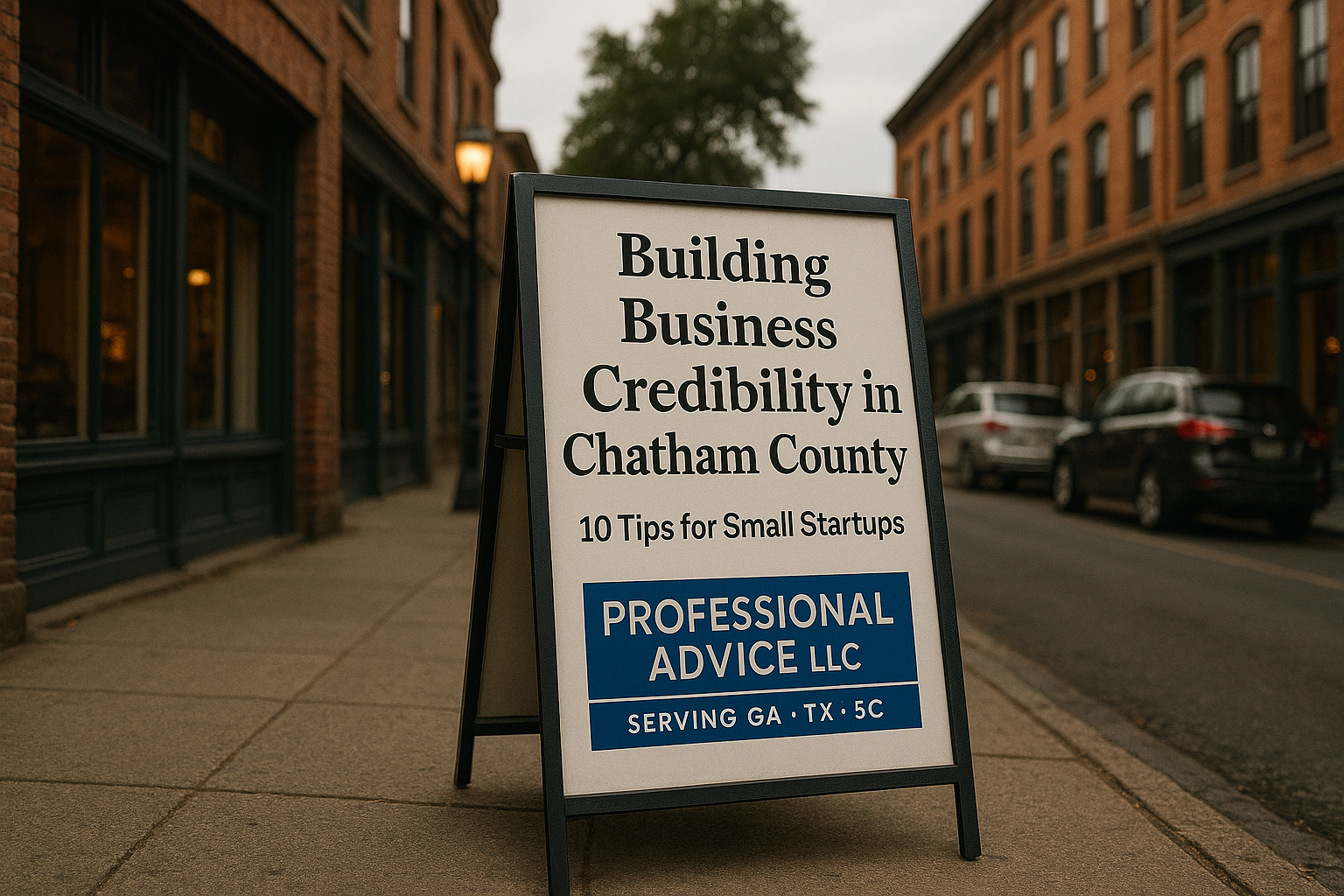 Wide view of a Chatham County street with a Professional Advice LLC sign promoting small business credibility and consumer trust.