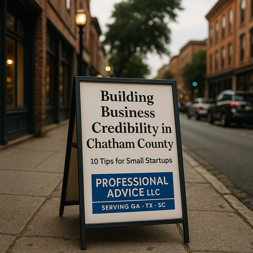 Street view in Chatham County showing a Professional Advice LLC sign promoting building business credibility for small startups.