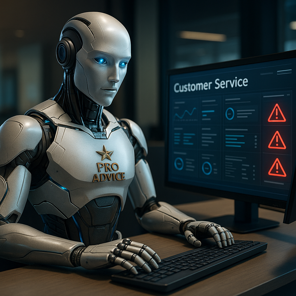Futuristic AI assistant at a customer service desk with Pro Advice branding and a dashboard showing alerts
